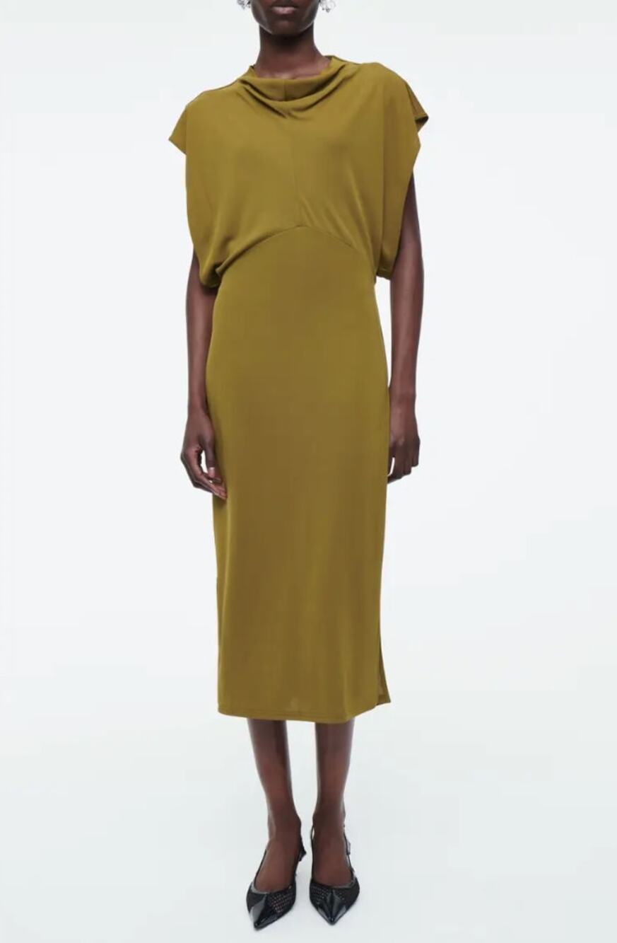COS Draped Cowl Neck Midi Dress Khaki Viscose Minimalist Scandi Quiet Luxury L
